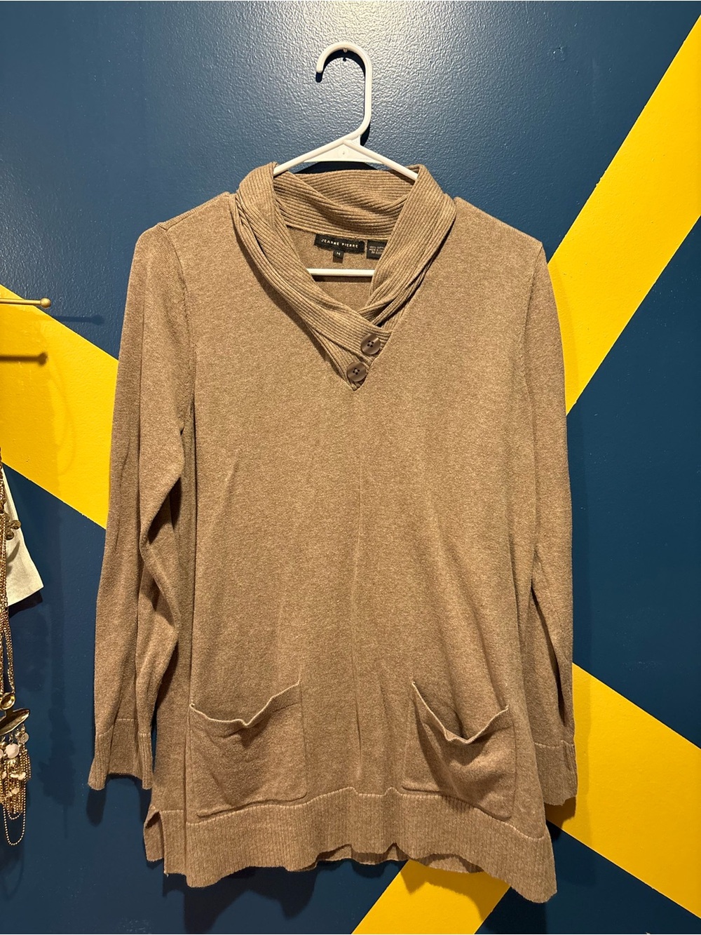 Jeanne Pierre Light Brown Cowl Neck Pocket Front Sweater EUC